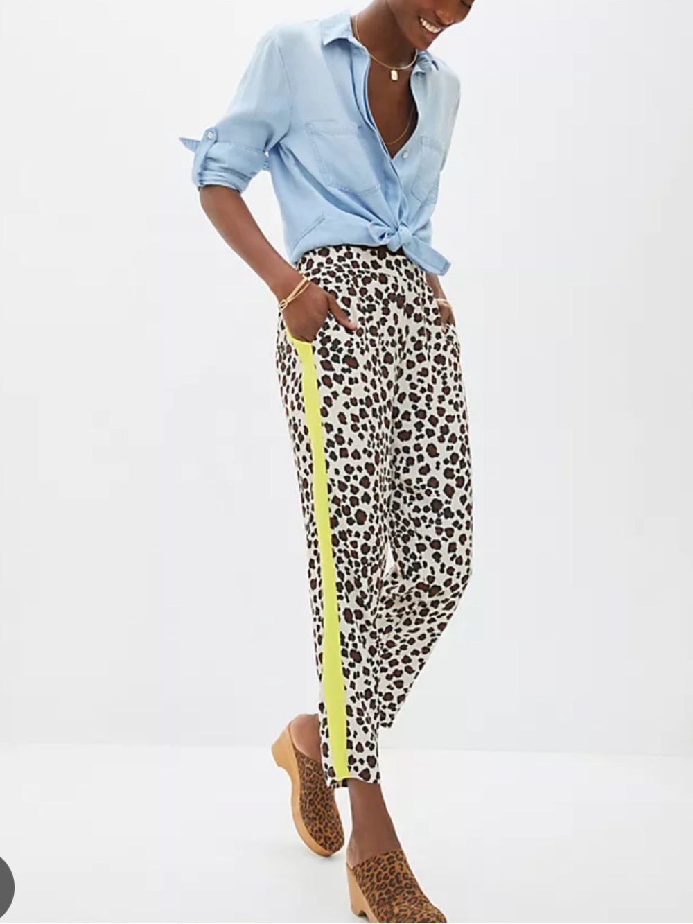 Anthropologie Leopard Track Pants with Neon Yellow Side Stripe